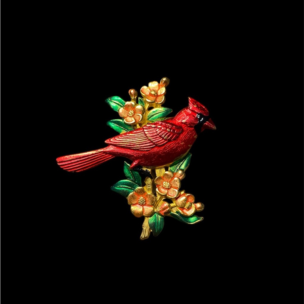 JJ signed Cardinal Brooch with Floral Accents